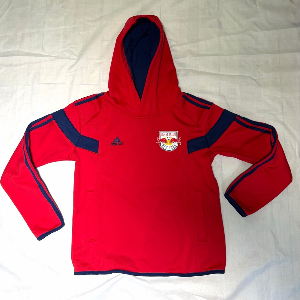adidas Red Bulls Hooded Pullover with Navy Trim and Team Crest